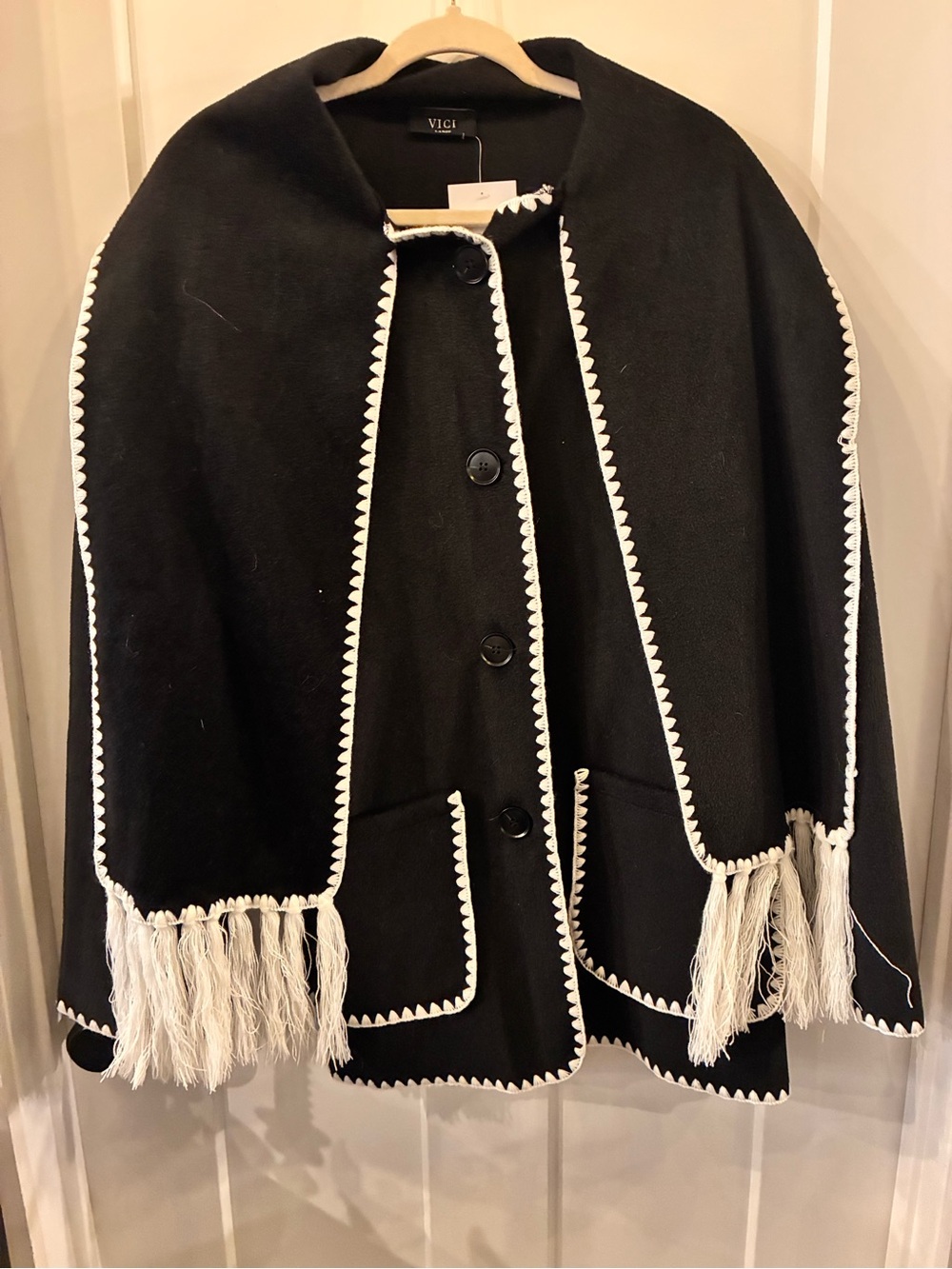 VICI Black Cape Jacket with White Trim and Fringe